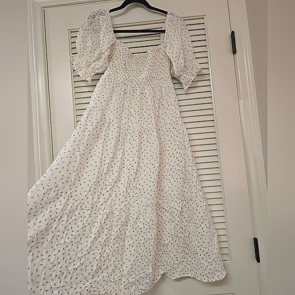 O.P.T. White & Rose Floral Cotton Puff-Sleeve Smocked Dress With Lining